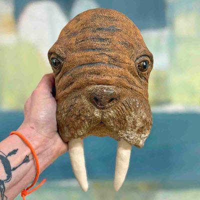 Hvalbert hvalross, skulptur vegg 24x14 cm