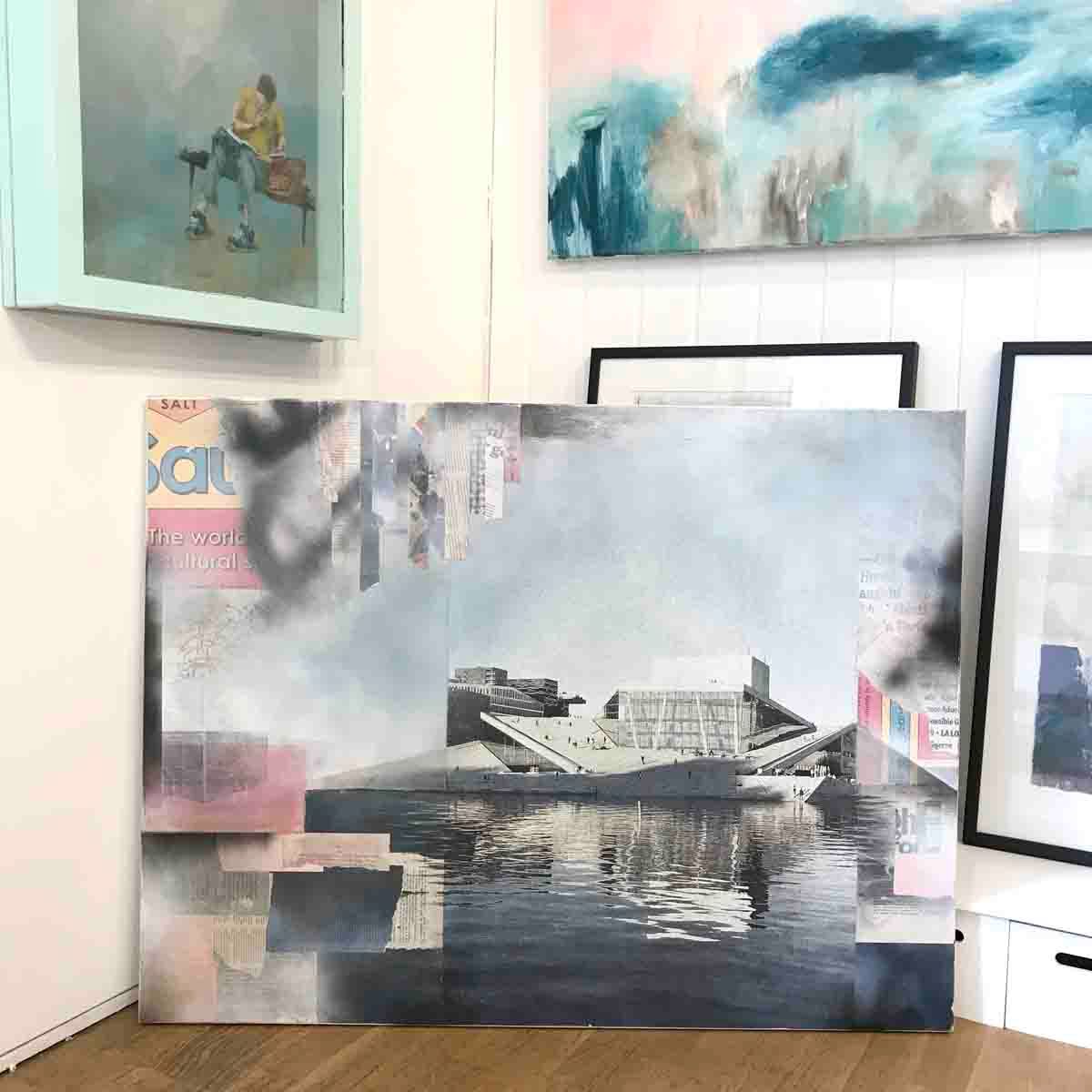 Stille vann, 115x90 collage / maleri