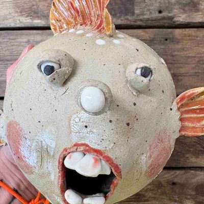 Kule-fisk, vegg-skulptur ca 13x13x13 cm (no.87)