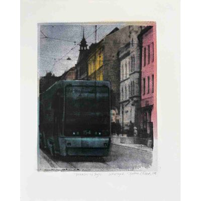 Trikken til by'n, spray / silketrykk på papir 29x37 cm (variant 7)