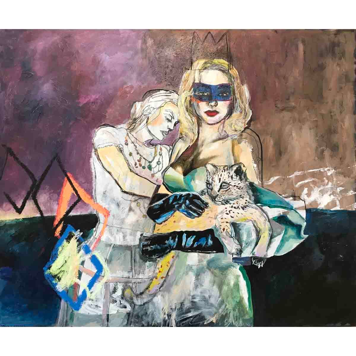 Leading lady with leopard, 120x100 cm maleri